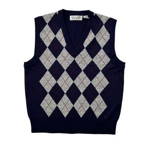 Vintage 90s Castle Rock Sweater Vest Mens M Navy Argyle V-Neck Knit Academia Ivy